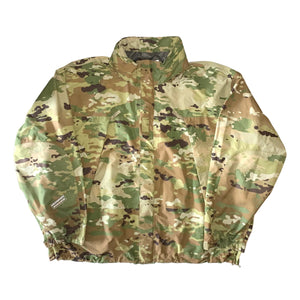 U.S. Military OCP Scorpion Camo Gore-Tex Nylon ECWCS Gen III Level 6 Extreme Cold/Wet Weather Jacket with a Grandpops Army Navy logo.