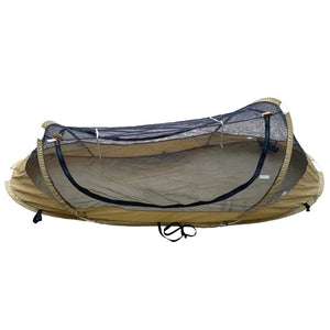 Catoma Coyote Brown Rip-Stop IBNS Burrow LTE Pop-Up Insect Shelter Tent with a Grandpops Army Navy logo.