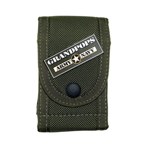 NEW CONDITION U.S. Military OD Green Bianchi M1025 Double 9mm Pistol Magazine Pouch with a Grandpops Army Navy logo.