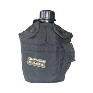 Black Nylon 1 QT ALICE Canteen / General Purpose Cover Pouch with a Black Plastic 1QT Canteen and a Grandpops Army Navy logo.