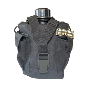 Black 1 QT MOLLE Canteen / General Purpose Cover Pouch with a Black Plastic 1QT Canteen and a Grandpops Army Navy logo.