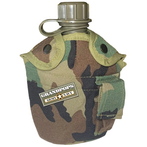 M81 Woodland Camo 1 QT ALICE Canteen Insulated Cover / General Purpose Pouch with a OD Green Plastic 1QT Canteen and a Grandpops Army Navy logo.