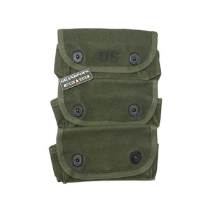 GOOD CONDITION U.S. Military Vietnam War-Era OD Green Canvas 3-Pocket Grenade Carrier with a Grandpops Army Navy logo.