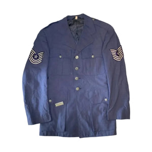 U.S. Air Force Master Sergeant's (E-7) Blue 84 Wool Tropical Service Dress Uniform Coat Size 39R Dated 1961 with a Grandpops Army Navy logo.