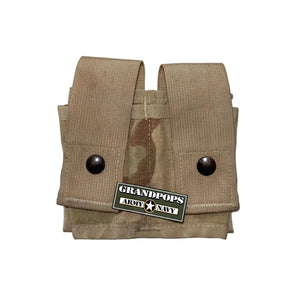 GOOD CONDITION U.S. Military DCU 3-Color Desert Pattern Camo MOLLE II Double 40mm Pouch with a Grandpops Army Navy logo.