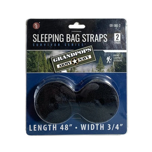 Black Nylon Sleeping Bag Straps 48" x 3/4" 2-Pack with a Grandpops Army Navy logo.