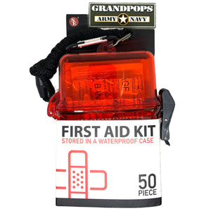 50-Piece First Aid Kit Stored in Waterproof Case w/ 5mm Carabineer & Lanyard