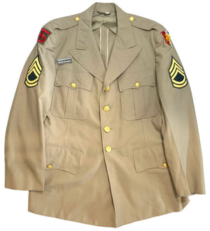 U.S. Military World War 2 Original First Sergeant's Khaki Tropical Worsted Wool Dress Shirt W/ 90th ID & SETAF-AF Patches