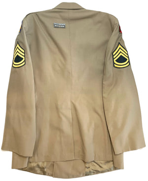 U.S. Military World War 2 Original First Sergeant's Khaki Tropical Worsted Wool Dress Shirt W/ 90th ID & SETAF-AF Patches