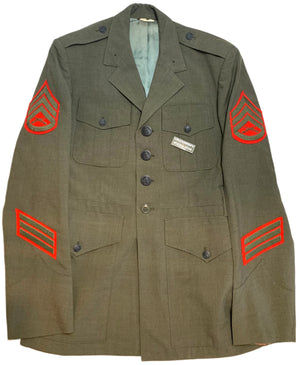 U.S. Marine Corps Staff Sergeant's Tropical Service Alpha Serge Green Shade 2241 Poly/Wool Dress Jacket Dated 1977 W/ Service Stripes