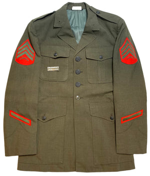 U.S. Marine Corps Sergeant's Tropical Service Alpha Serge Green Shade 2241 Poly/Wool Dress Jacket Dated 1984 W/ Service Stripes