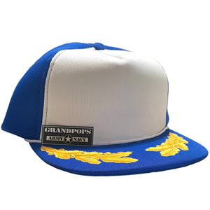 Vintage Blue & White Polyester Trucker Cap W/ Gold Oak Leaf Branch Brim