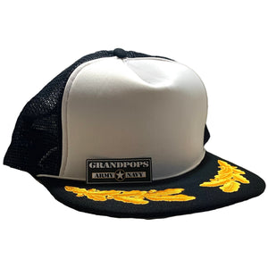 Vintage Black & White Polyester Trucker Cap W/ Gold Oak Leaf Branch Brim