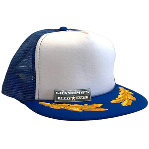 Vintage Blue & White Polyester Trucker Cap W/ Gold Oak Leaf Branch Brim