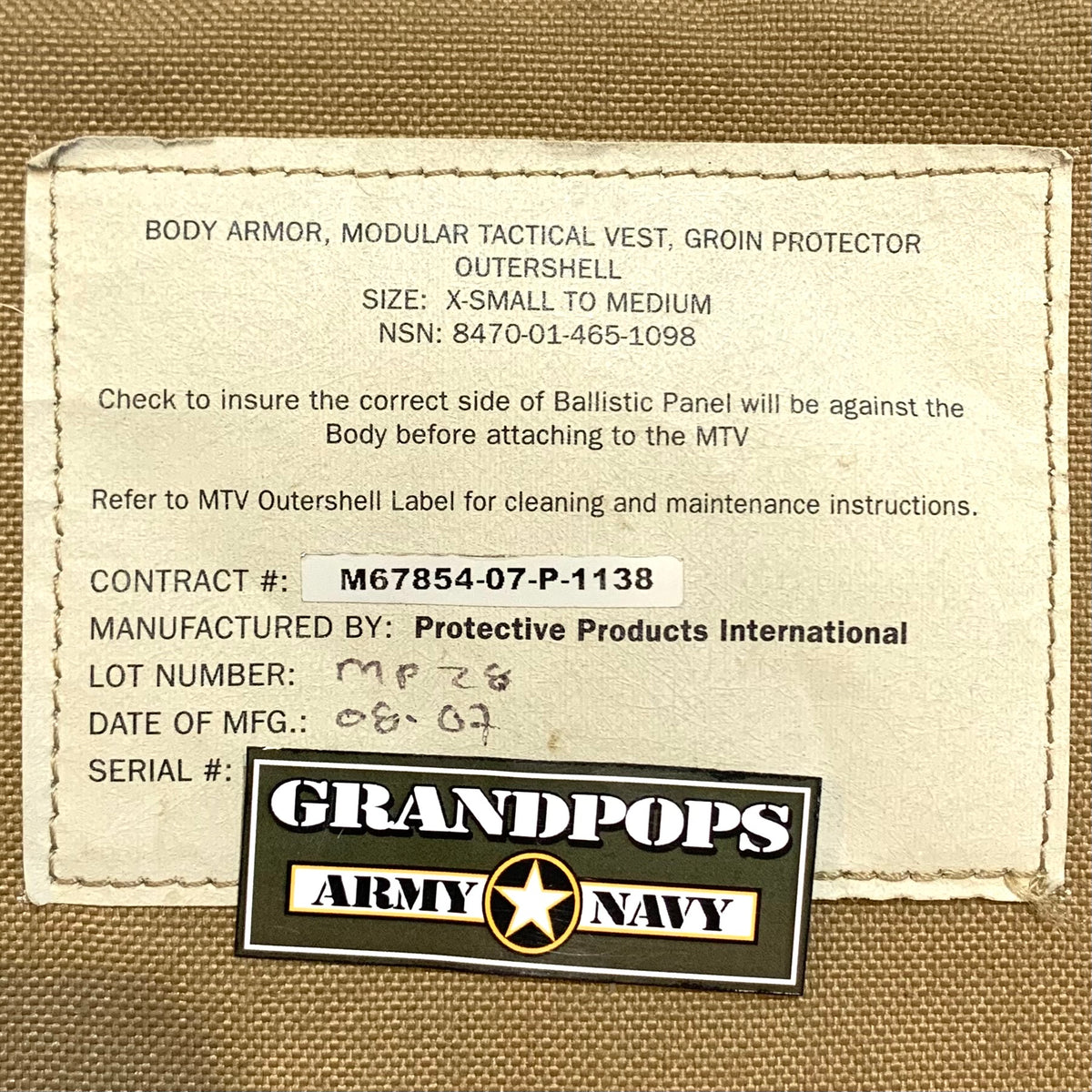 U.S. Military Coyote Brown Groin Protector Modular Tactical Vest Body ...