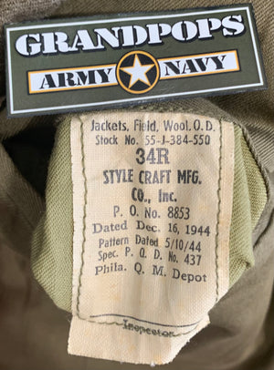 U.S. WW2 Private's O.D. Wool Ike Jacket W/ Patches Named Dated 1944