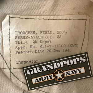 WW2 O.D. 33 Serge Nylon/Wool M1937 Field Pants Named