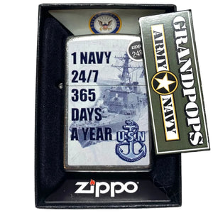 USN "1 Navy 24/7 365 Days a Year" Brushed Finish Official U.S. Navy Zippo Lighter