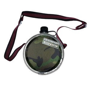 Camouflage-patterned desert canteen with a strap on a white background & Grandpops Army Navy logo