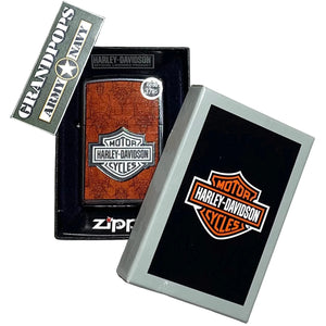 Harley-Davidson Zippo lighter with a Grandpops Army Navy Logo on a white background