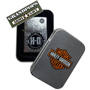 Harley-Davidson tin with a Zippo lighter inside, featuring the Grandpops Army Navy logo.