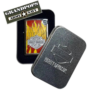 Harley-Davidson 3D Flame Zippo Lighter in a metal case with a 'Grandpops Army Navy' logo.