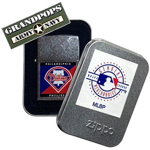 Zippo lighter with Philadelphia Phillies logo and a 'Grandpops Army Navy' logo.