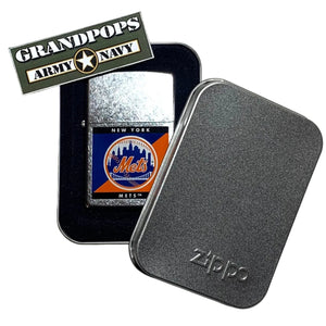 Zippo lighter with New York Mets logo in a case with a 'GRANDPOPS ARMY NAVY' logo.