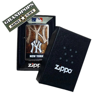 Zippo lighter with New York Yankees logo in a Zippo packaging box with a 'Grandpops Army Navy' logo.