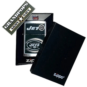 New York Jets Zippo lighter in a Zippo packaging box with a 'Grandpops Army Navy' logo.