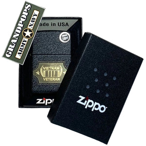 Zippo lighter reading 'Vietnam Veteran' in a Zippo packaging box with 'Grandpops Army Navy' logo.