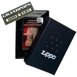 Military-themed Zippo lighter reading "Honor Courage Commitment" in a Zippo packaging box with a 'Grandpops Army Navy' logo.
