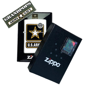 U.S. Army Zippo lighter in a packaging box with a 'Grandpops Army Navy'.