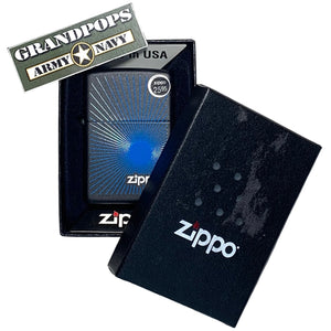Blue starburst Zippo lighter in a Zippo packaging box with a 'Grandpops Army Navy' logo.