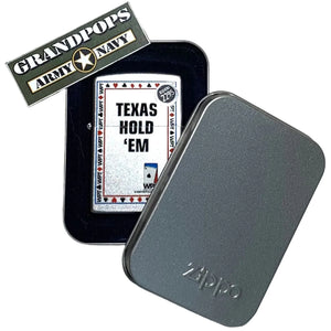 Texas Hold 'Em Zippo lighter in a Zippo metal case with a 'Grandpops Army Navy' logo.