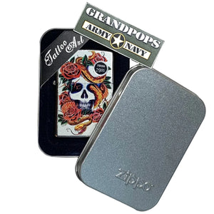 Blooming Death Zippo lighter in a Zippo metal case with a 'Grandpops Army navy' logo.