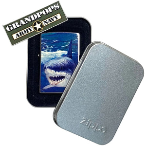 Zippo lighter with a Guy Harvey shark design in a Zippo metal case, featuring a 'Grandpops Army Navy' logo.