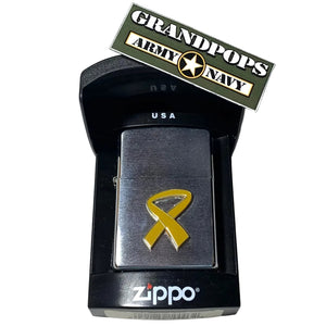 Soldier's yellow ribbon Zippo lighter in Zippo packaging with a 'Grandpops Army Navy' logo.