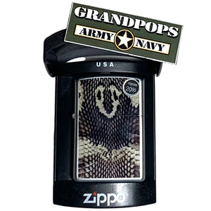 Snakeskin Zippo lighter in Zippo packaging with a 'Grandpops ArmyB Navy' logo.