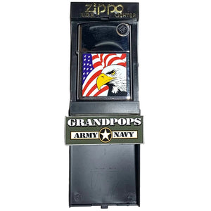 Zippo lighter with American flag and bald eagle design in a Zippo packaging box/case with a 'Grandpops Army Navy' logo.