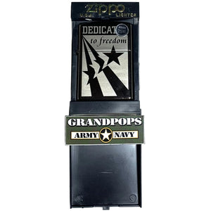 'DEDICATED to freedom' Zippo lighter in a Zippo packaging case/box with a 'Grandpops Army Navy' logo.