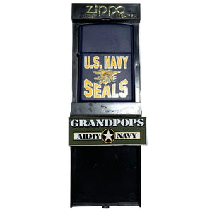 Zippo lighter with U.S. Navy SEALS design in a Zippo packaging case/box with a 'Grandpops Army Navy' logo.