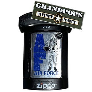 Zippo lighter with Air Force design in a Zippo packaging case/box with a 'Grandpops Army Navy' logo.