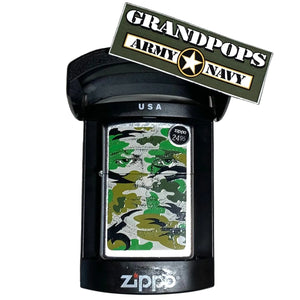 Camouflage Face Zippo lighter in a Zippo packaging case/box with a 'Grandpops Army Navy' logo.