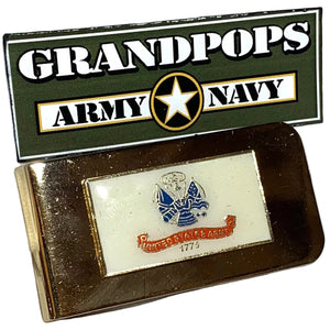Money clip with a U.S. Army flag on it and with a 'Grandpops Army Navy' logo/