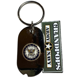 U.S.N. dog tag keychain with a 'Grandpops Army Navy' logo.
