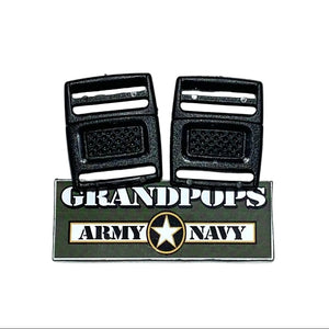 Black Plastic 3/4" Low Profile Buckles (2-Pack) with a Grandpops Army Navy logo.
