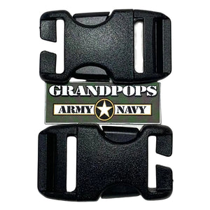 Black Plastic 1" Field Repair Side Release Buckles (2-Pack) with a Grandpops Army Navy logo.