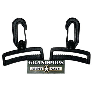Black Plastic 2" Delrin Snaphooks (2-Pack) with a Grandpops Army Navy logo.