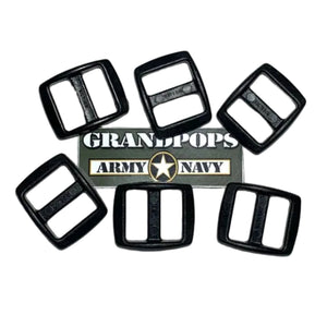 Black Plastic 5/8" Wide Mouth Tri-Glide Sliders (6-Pack) with a Grandpops Army Navy logo.